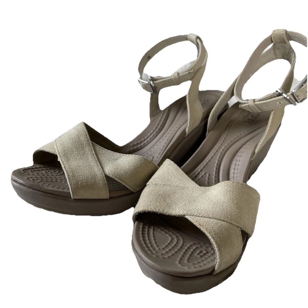 Crocs Leigh II Crossstrap Wedge Sandal Women's Size 9 Oatmeal/Mushroom